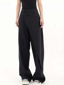 Pantalones anchos de traje para mujer, pantalones sueltos negros, pantalones rectos asimétricos, pantalones casuales delgados de moda para primavera/verano - Negro - Ver 3