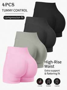 4er/Set High-Waist Bauchkontrolle Formshaping Shorts, versteckter Po-Lift enge Leggings, schwarze Yoga Shorts, Fitness Shorts, Laufshorts, herzförmiger Po-Lift Sport Shorts, Bauchkontrolle Formshaping Shorts - Verschiedenfarbig - Übersicht 1