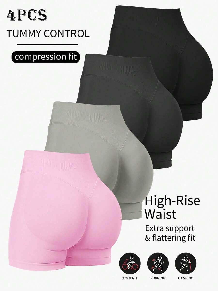 4er/Set High-Waist Bauchkontrolle Formshaping Shorts, versteckter Po-Lift enge Leggings, schwarze Yoga Shorts, Fitness Shorts, Laufshorts, herzförmiger Po-Lift Sport Shorts, Bauchkontrolle Formshaping Shorts - Verschiedenfarbig - Übersicht 1