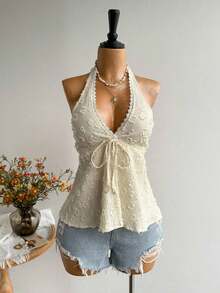 Conjunto de Playa Casual sin Espalda para Mujer, Estilo Bohemio, para Vacaciones, Festival de Música Hawaiana, Vacaciones Tropicales, Top Halter de Verano - Amarillo claro - Ver 2