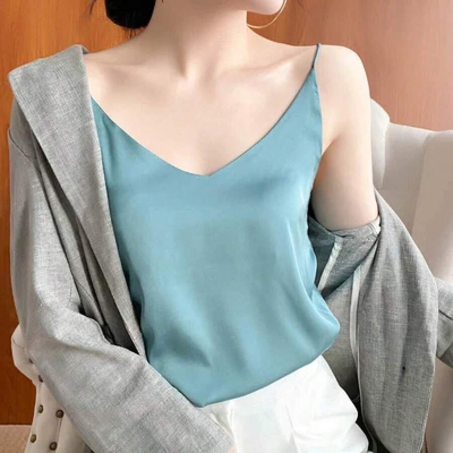 Top de seda para mujer, estilo camiseta con tirantes, de seda de morera satinada, con espalda elegante, en blanco y negro, pa... - Verde claro [un hombro] - Ver 1