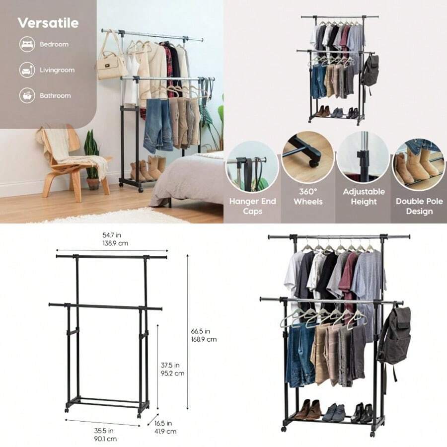IRIS USA Perchero Portátil de Altura Ajustable con Doble Barra Extensible y Ruedas con Bloqueo Perchero Rodante de Armario de Doble Barra Fácil de Montar para Ropa Cinturones Zapatos y Bolsos - Negro - Ver 1
