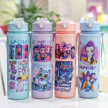 1个K-POP塑料水瓶，卡通印花设计，翻盖式，可重复使用，轻便防漏，适合跑步旅行饮用，可作为生日、圣诞节、万圣节、感恩节礼物 - 藍色 - 查看 3