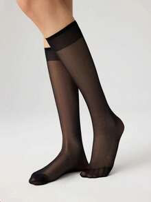3 pares de calcetines de verano delgados de unicolor, versátiles para primavera/otoño, hasta la rodilla para mujeres - Negro - Ver 3