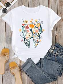 Camiseta de algodón de manga corta para mujer, Camiseta de algodón de manga corta para mujer con estampado de flores silvestres dentales, Camiseta para equipo dental, Camiseta para asistente dental, Camiseta para grupo de dentistas, Camiseta para amantes de la naturaleza. - Blanco - Ver 2