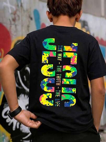 1pc Tween Boys' Summer Tee, American Street Style Tie-Dye Letter Print Design, Loose Fit Round Neck Casual Breathable Personalized Streetwear, Suitable For Older Kids Daily Wear & Outdoor Sports