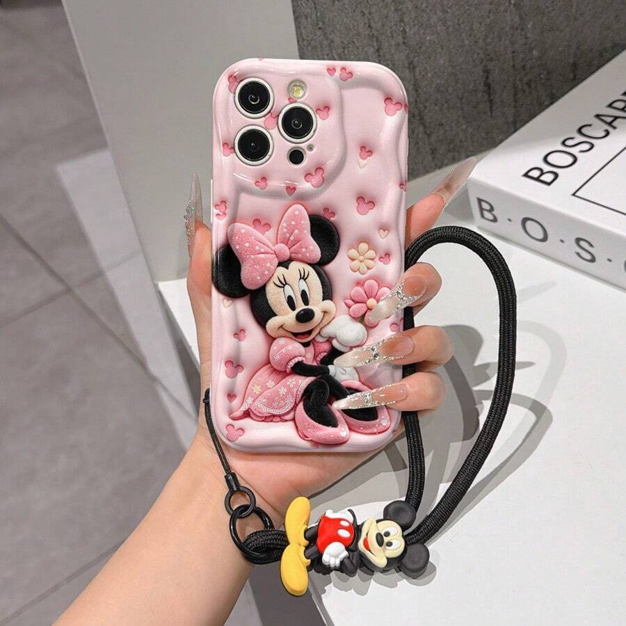 Disney Mickey Mouse Clubhouse Phone Case : 3D Fluffy Pattern Border Protector Phone Soft Phone Case With A Free Cute Mickey Bracelet Chain Lanyard, Mickey, Minnie, Goofy, Donald Duck, Daisy Duck, Pluto, For Apple 17 Promax 17 Pro 16 15 14 13 12 11 Pro Max XS Max X XR Soft Cover Summer Phone Case - 白色 - 查看 1