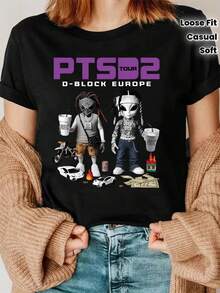 Camiseta con diseño temático de viajes 'PTSD 2' de D-Block European| Camiseta Casual de Cuello Redondo y Manga Corta para Mujer - Esencial para Primavera/Verano, blusas para mujer, camisas de mujer, camisetas de mujer, tops de mujer, unisex. - Negro - Ver 6