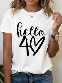 1 pieza de camiseta de mujer con cuello redondo para primavera/otoño, con estampado creativo de letras "Hello 40" conmemorativo de cumpleaños, 180g, 100% algodón. - Blanco - Ver 1