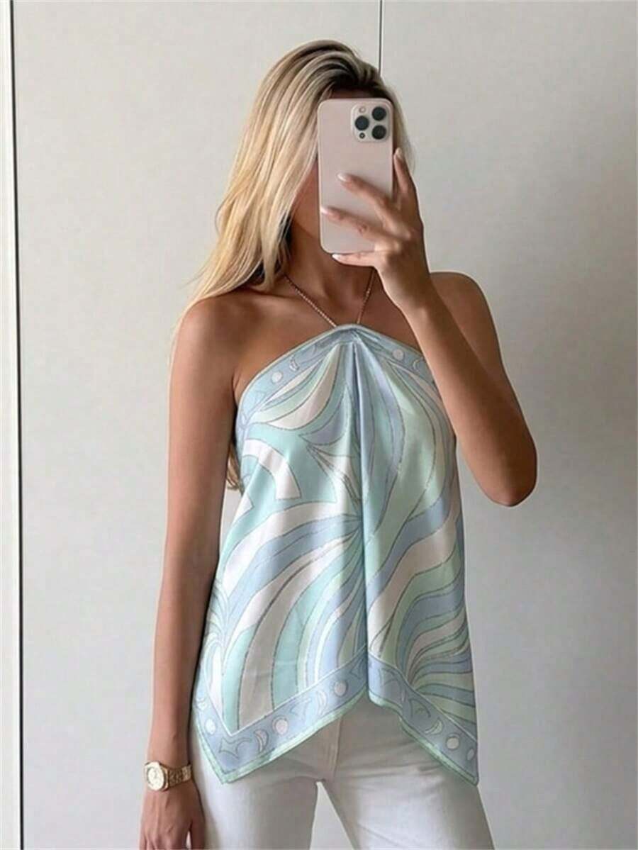 Blusa de mujer elegante con cuello de halter, estampado de tinte anudado y gasa para vacaciones en la playa - Azul - Ver 1