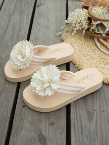 Sandal Jepit Wanita Motif Bunga Warna Polos untuk Liburan, Sandal Thong Datar untuk Pantai & Rumah, Musim Semi/Panas - Bunga Kamelia Krem - View 7