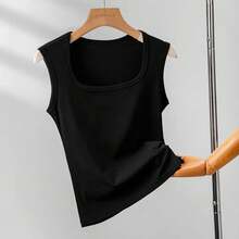 Camisola sin mangas para mujer, camiseta básica de verano con cuello cuadrado elástico, top sexy con hombros descubiertos - Gris Oscuro - Ver 2