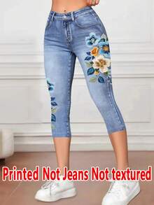 8233 [Pantalones Estampados - No de Tela Vaquera] Leggings Estampados - No de Tela Vaquera, Sin Textura, Nuevos Leggings Capri para Mujer - Azul - Ver 4