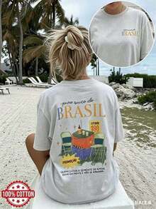 [Impresión a Doble Cara] Ropa de Verano para Mujer, Camiseta Casual para Mujer, Estilo Vintage, Estampado con la Frase "Puro Suco Do BRASIL", Manga Corta, Cuello Redondo, Algodón Puro, Talla Grande, Camiseta de Hombros Caídos [LangK] - Gris - Ver 4