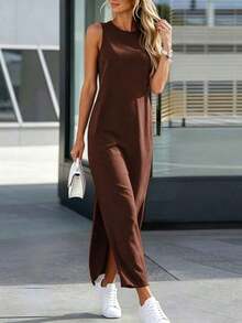 Vestido de punto casual de mujer con cuello redondo y dobladillo con abertura lateral en gris claro - Café integral - Ver 3