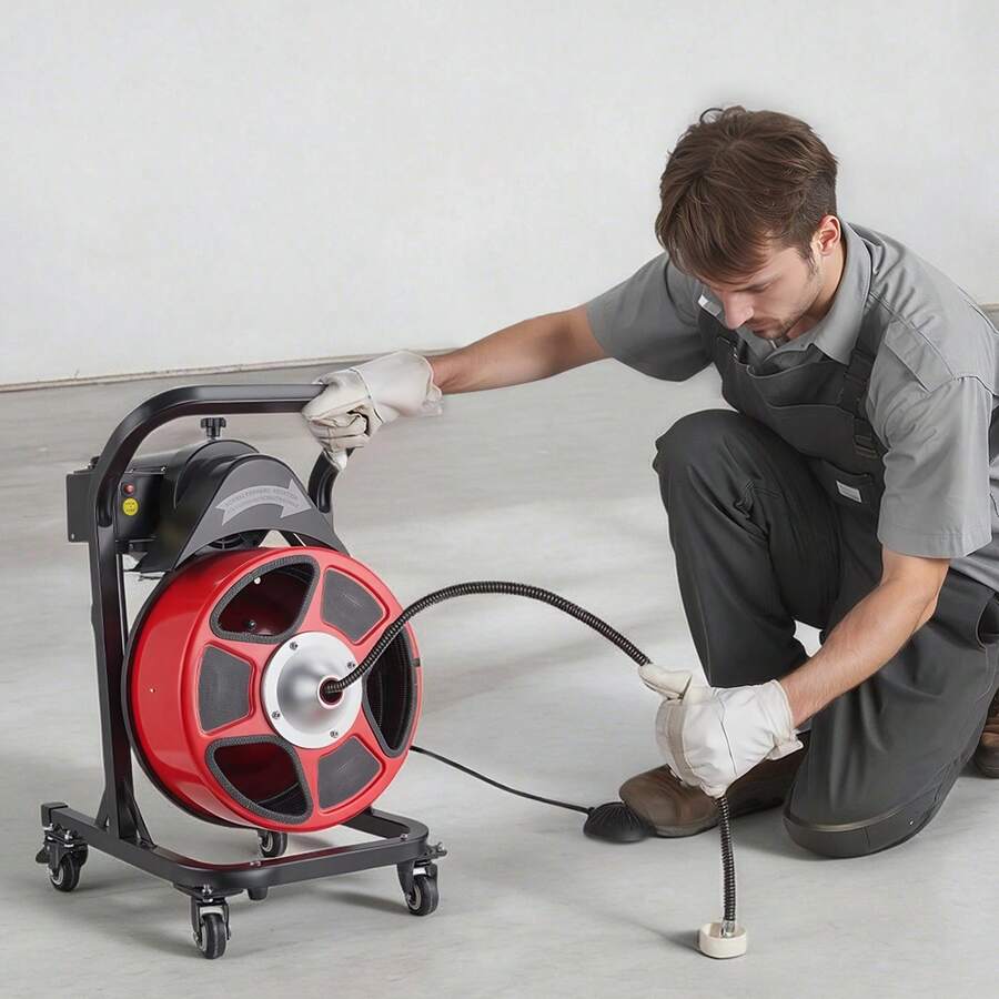 Drain Cleaner Machine 50 FT X 1/2 Inch, Manual Feed Sewer Snake Auger On Wheels - With 4 Cutters & Air-Activated Foot Switch For 2" To 6" Pipes - 查看 1