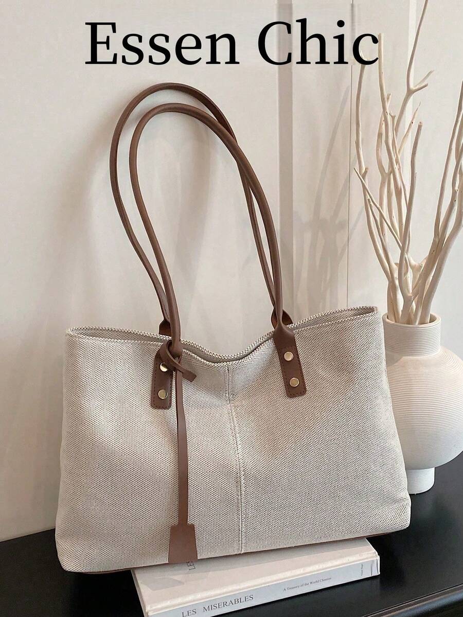 1pc Brown Tote Bag, New Design With Strap Decor, Metal Rivet Accent, Large Capacity Canvas Patchwork Shoulder Bag For Women