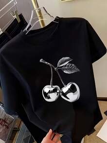 Women's Short-Sleeved Cotton T-Shirt With Metallic Cherry Print, Round Neck, Casual Style For Summer And Spring, Women's Clothing. - 黑色 - 查看 6