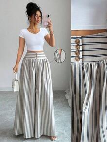 Nuevos pantalones anchos de mujer de estilo casual y elegante con diseño de hebilla floral, pantalones largos de lino de color caqui adecuados para primavera/verano, Acción de Gracias, Halloween, pantalones anchos y sueltos versátiles, pantalones - Multicolor - Ver 1