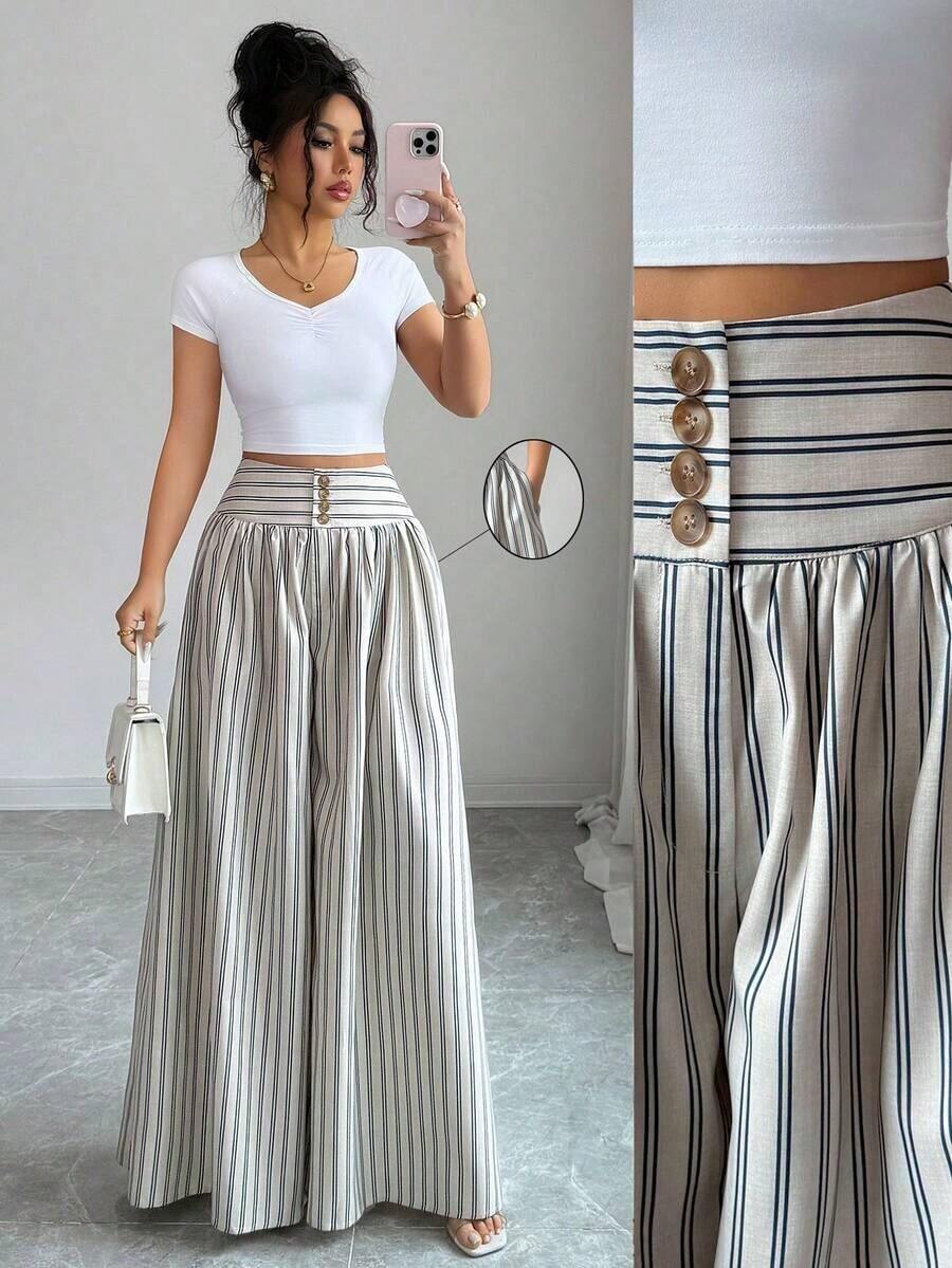 Nuevos pantalones anchos de mujer de estilo casual y elegante con diseño de hebilla floral, pantalones largos de lino de color caqui adecuados para primavera/verano, Acción de Gracias, Halloween, pantalones anchos y sueltos versátiles, pantalones - Multicolor - Ver 1