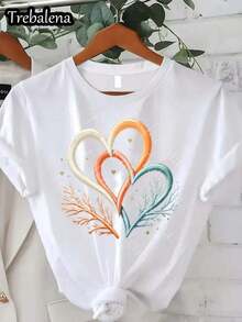 1 Piece Of Oversized T-Shirt With Intertwined Hearts Design - Made From Exquisite, Lightweight White T-Shirt Fabric, Adorned With Colorful Heart Patterns, The Perfect Choice For Casual Summer Outings - Orange, Green, And Light Yellow Hearts Combined With Stunning Vine Patterns And Gold Details - Available In Plus Sizes For Maximum Comfort - 180g 100% Cotton - 黑色 - 查看 10
