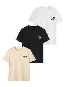 1 pieza/Set de camiseta de manga corta con cuello redondo, estilo casual, con estampado minimalista y divertido de coches de carreras y aves florales japonesas, moderna y versátil para mujer. - Negro - Ver 3