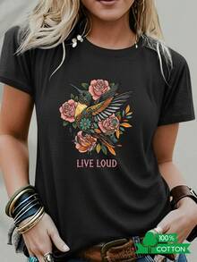 Women's Round Neck T-Shirt With Anime And Letter Print, Simple Design, Comfortable And Breathable, Suitable For Casual Daily Wear, Showing A Natural And Elegant Style, A Must-Have For Summer Parties, Shipped Locally By Hummingbird Rose. - 黑色 - 查看 12