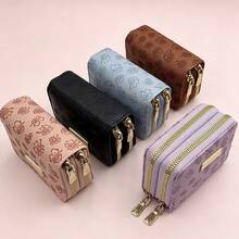 Lucky Clover Embossed Dual Zipper Card Holder, Women's PU Leather Coin Purse, Multi-Card Slots Compact Card Case - Purple - View 2