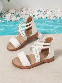 Sandal La Mã dệt kim mùa hè mới cho bé gái, thích hợp đi học, mặc hàng ngày, đi nghỉ mát, phối cùng váy. - trắng - Xem 4