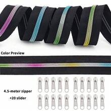 1 Set = 4.5m Zipper + 20pcs Zipper Pulls, Black & White Available, 5# Zipper Chain With 20pcs Zipper Pulls, 4 Zipper Teeth Colors (Bronze / Light Gold / Silver / Colorful) Suitable For Backpacks, Wallets, Handmade DIY, Sewing Replacement - -- - View 3