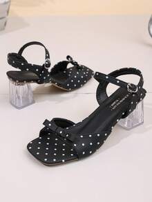 Polka Dot Print Clear Heel Sandals, Adjustable Ankle Strap Square Open Toe Summer Heeled Sandals - Black - View 10