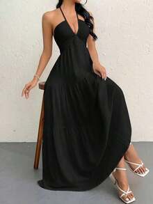 Vestido de gasa para mujer sin espalda con cuello halter y cola larga para vacaciones, bodas o festivales - Negro - Ver 4