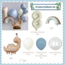 15pcs Dinosaur Pattern Foil Balloons Set, 32-Inch White Number Balloons 0-9 And Hazy Blue Latex Balloons, Suitable For Dinosaur Theme Birthday Party Decoration, Photography Backdrop, Baby Shower Decor And Home Gathering Atmosphere - View 15