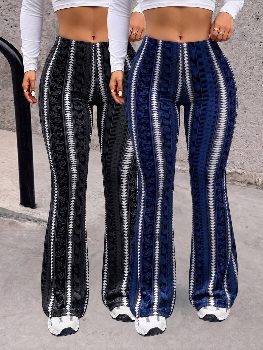 Women's Plus Size Black & Grey Paisley Striped High Waist Flare Leggings, Y2K Streetwear Trousers, Sexy Daily Outfits - 黑色+藍色 - 查看 1