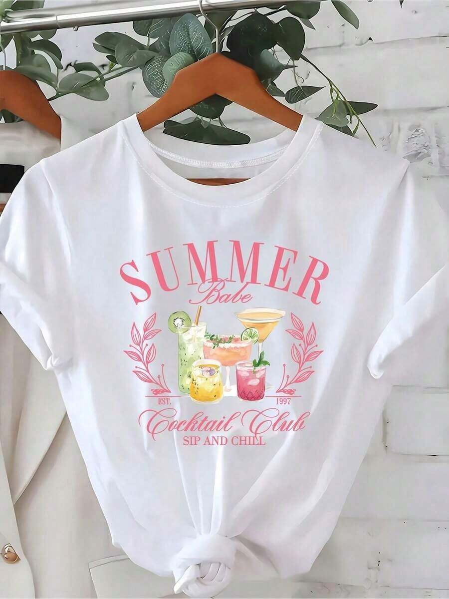 Women's T-Shirt With Summer Cocktail Club Social Print, Casual Summer Fashion, Slim Fit, Round Neck, Urban Vintage Style, Unisex, Cotton, Short Sleeve, Round Neck - 白色 2 - 查看 1