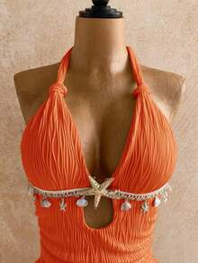 Vestido mini ajustado con cuello halter y detalle de retorcido en blanco, con accesorios metálicos, decoración de conchas, para playa y resort de vacaciones, atuendo de verano - Naranja - Ver 4