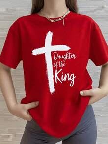 Respirable Playera Roja de Mujer con Cruz Blanca y Frase "Hija del Rey", Camiseta Aesthetic Cristiana e Inspiradora de Letras, Top Moderno de Empoderamiento Religioso, Blusa Casual de Fe para Iglesia, ropa de calor mujer - Rojo - Ver 6