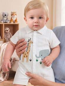 Baby Boy Casual Cute Cartoon Animal Print Romper, Street Fashion Children Clothing - White - View 1