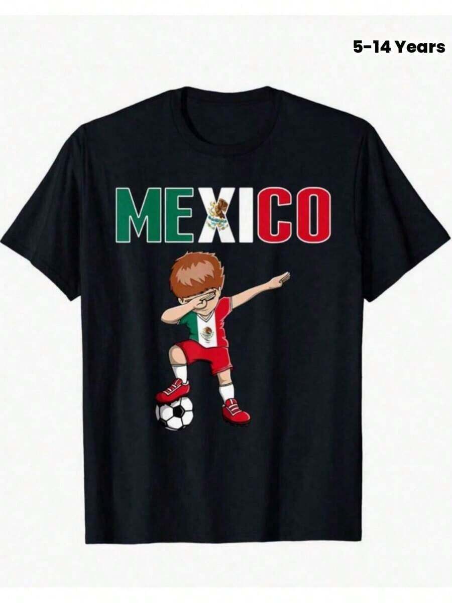 Camiseta de manga corta de verano, recién llegada, con estampado de fútbol mexicano, estampado de dab dance, algodón 180 g/m². El mejor regalo de camiseta para amigos o familiares, adecuado tanto para hombres como para mujeres, tallas S-XXXL, color negro. - Negro - Ver 1
