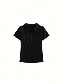 女款修身 Polo 領短袖 T 恤，收腰設計，優雅顯瘦休閒黑色，辦公室 Siren 風格夏季款 - 黑色 - 查看 6