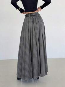 Falda plisada gris para mujer, falda larga de estilo "Old Money" de cintura alta con doble cinturón y bolsillos laterales con abertura, adecuada para uso formal, casual, trabajo, fiesta, viajes, negocios, docencia y uso diario, una prenda imprescindible para otoño e invierno - Gris Oscuro - Ver 3