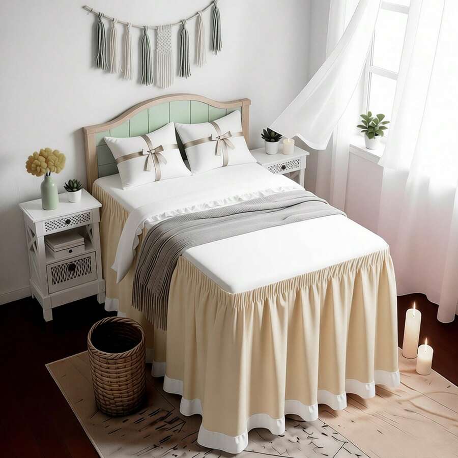 1pc Ruffled Bed Skirt, Wrap Around Design With Adjustable Elastic Band, Suitable For Dorm Bedding Set, Customizable Heights: 30", 32", 36", 42", 50" Adjustable Bed Skirt And Box Spring Cover. Soft, Durable, Wrinkle-Resistant Fabric - Made Of Premium Microfiber, Dustproof Pleated Style, Fade-Resistant, Machine Washable - Light Khaki TwinXL 32" Drop - View 1