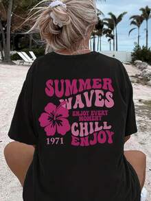 Camiseta Casual de Mujer con Estampado Floral Simple y Único, Estilo Vintage Primavera/Verano 2026, con Estampado de Letras Sencillas, Moda Circular - Negro - Ver 3
