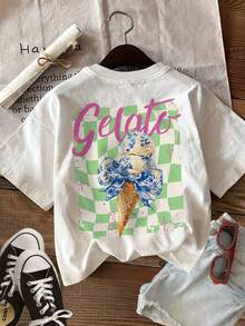[Double-Sided Print] Vintage-Style Summer Casual Top For Women With Ice Cream Bow GELATO ITALIA Print Round Neck Short Sleeve T-Shirt [Ling K]Summer - White - View 2