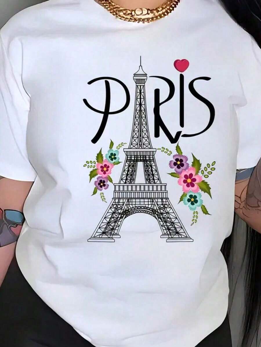 Camiseta de manga corta suelta de algodón estampado para mujeres | París Torre Eiffel y flores estampadasPure-Cotton - Blanco - Ver 1