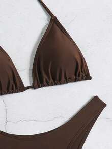 Women's Solid Color Sexy Elegant Tie-Back Backless Bikini Set, Suitable For Vacation & Beach Summer - Coffee Brown - View 2