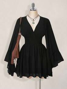 Vestido corto elegante de manga larga con cuello en V y cintura ceñida de unicolor para mujer - Negro - Ver 3