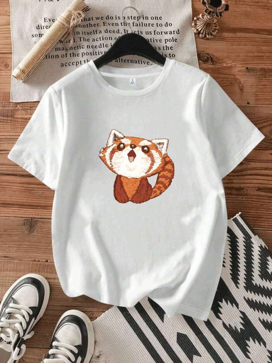 Camiseta de Mujer, 26 Estilos, 0108, Panda Rojo, Cuello Redondo, Manga Corta, Estampado de Moda, Top de Media Manga, Camiseta Elástica - Blanco - Ver 1