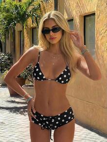 Nuevo conjunto de bikini con estampado de lunares sexy, espalda descubierta y lazo, con tirantes de espagueti para playa y piscina en vacaciones - Negro - Ver 1