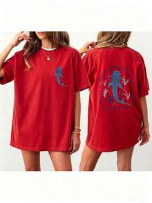 Women Loose Fit Round Neck Whale Slogan Contrast Color Graphic T-ShirtPrinted Round Neck Short Sleeve Women's Tee - Daily Casual, Sports & Fitness, Al - 紅色 - 查看 6
